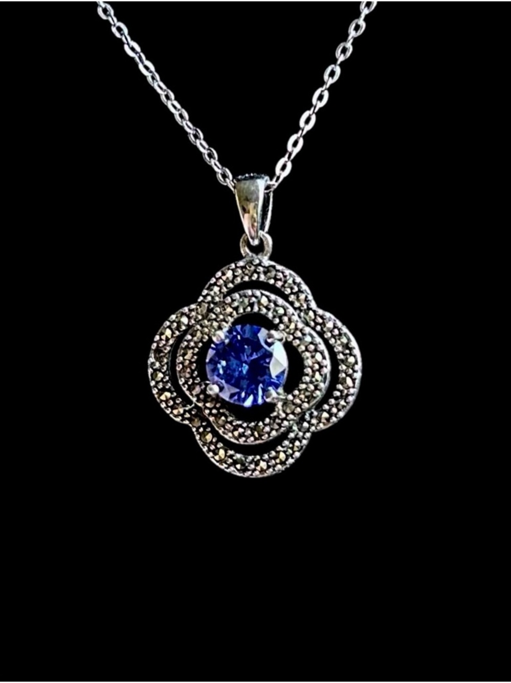 Vtg Tanzanite & Swarovski Marcasite Sterling Silver Pendant